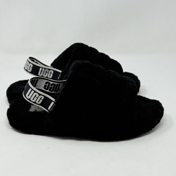 UGG Fluff Yeah Shearling Slingback Slippers Kids Girls 5 Black Red Open Toe - Picture 3 of 14